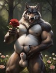 animal_genitalia animal_penis anthro balls belly black_nose blue_eyes canid canine canis conchiglie detailed detailed_background detailed_fur flower forest fur genitals hand_on_stomach holding_flower holding_object looking_at_viewer male mammal musclegut muscular muscular_anthro muscular_male nature nature_background navel nipples nude open_mouth outside overweight overweight_male penis penis_tip plant sheath solo standing tongue tongue_out tree wolf