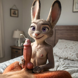 anthro bodily_fluids breasts cum cum_on_breasts disney duo female genital_fluids handjob knot male male/female nipples penile realistic sex small_breasts 123kubik zootopia judy_hopps nick_wilde canid canine fox lagomorph leporid mammal rabbit