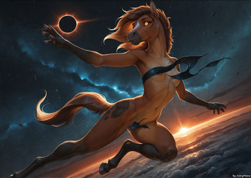 anthro black_sclera breasts cloud convenient_censorship cosmic_background covered_nipples eclipse female floating flying glowing glowing_eyes hair long_hair long_legs nude orange_eyes sky slim small_breasts solo space star tall ivorymane equid equine horse mammal watermark