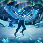 anthro articuno aurora_borealis avian beak bird blue_body blue_feathers feathers female forest generation_1_pokemon green_eyes happy hi_res ice ice_skates legendary_pokemon night outstretched_arms plant pokemon_(species) prompt_metainfo scarf snow snowing solo spread_wings stufferman sweatpants tail_feathers tree wings winter winter_background winter_clothing winter_coat