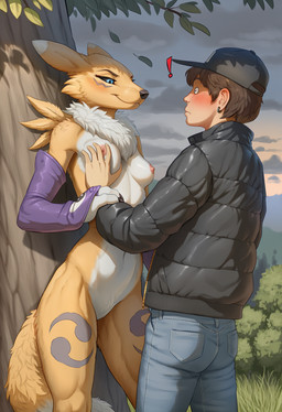 anthro blush bottomwear breast_grab breasts clothed clothing cloud denim denim_clothing duo ear_piercing ear_ring exclamation_point female forest fur grass hair hand_on_breast hat headgear headwear jacket jeans jewelry male male/female nipples outside pants piercing plant ring_piercing shrub sky smile smirk smirking_at_another surprise topwear tree tuft white_body wrist_grab yellow_body anonymous_director digimon canid canine digimon_(species) human mammal renamon hi_res