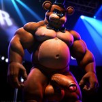 animatronic anthro balls bowtie clothing five_nights_at_freddy's foreskin freddy_(fnaf) genitals hat headgear headwear hi_res machine male mammal muscular muscular_anthro muscular_male nipples penis robot skyrimking solo spotlight stage top_hat ursid