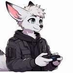 anthro black_body black_fur clothing controller fur game_controller green_eyes holding_controller holding_object hoodie jacket lucifluffy male playstation_controller simple_background solo topwear white_background white_body white_fur wilek