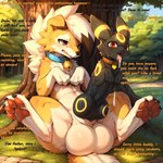 balls bell bell_collar big_balls bodily_fluids cock_transformation collar crying cum cum_from_mouth cum_in_mouth cum_inside dialogue duo feral genital_fluids genitals lying male on_back tears text transformation thedavid eeveelution generation_2_pokemon generation_7_pokemon lycanroc pokemon_(species) umbreon english_text hi_res