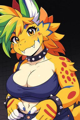 anthro ashbeast big_breasts blue_markings bottomwear bracelet breasts chubby_anthro chubby_belly chubby_female cleavage clothed clothing collar fangs female fur hair hotpants inner_ear_fluff jewelry mango(asf) markings mohawk multicolored_body multicolored_fur multicolored_hair mythology orange_body plated_scales sabertooth_(anatomy) scales shirt shorts slightly_chubby smile smiling_at_viewer solo spiked_collar spikes tank_top topwear tuft anonymous_director dragon furred_dragon mythological_creature mythological_scalie scalie bust_portrait half-length_portrait hi_res portrait