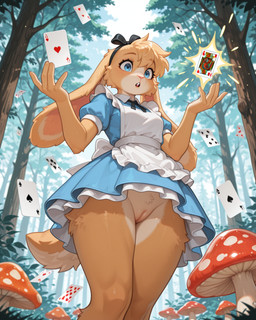 anthro bottomless card clothed clothing dress female forest fungus genitals magic mushroom plant pussy solo surprise tree denis0k alice_(alice_in_wonderland) lagomorph leporid mammal rabbit hi_res