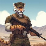 5_fingers anthro armor ballistic_vest belt black_stripes clothing desert felid fingers fur gun male mammal markings military military_uniform mountains nikkolaus orange_body orange_fur pantherine ranged_weapon rifle solo striped_body striped_fur striped_markings striped_tail stripes tail_markings tiger uniform weapon