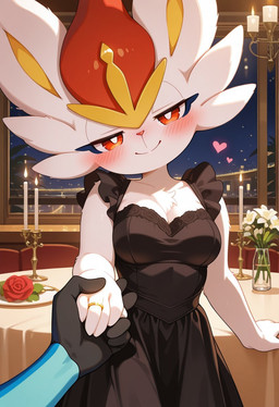 5_fingers ambiguous_gender anthro black_clothing black_dress blush breasts clothing detailed_background digit_ring dress duo female female/ambiguous fingers first_person_view floating_heart flower fur jewelry looking_at_viewer love medium_breasts plant restaurant ring smile smiling_at_viewer wedding_ring white_body white_fur anguirus12345 nintendo pokemon cinderace generation_8_pokemon inteleon pokemon_(species) detailed hi_res male_(lore)