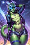 2023 anthro blue_eyes blue_horn blue_sclera bulge clothed clothing colored dinosaur green_body green_scales horn jasonafex jewelry male necklace nipples outside reptile scales scalie seductive smile teeth vergence