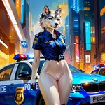 anthro bottomless building car clothed clothing female genitals outside police_uniform pussy solo standing street uniform vehicle denis0k canid canine canis mammal wolf