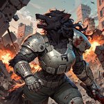 anthro armor black_body black_fur black_hair blood blood_in_mouth bodily_fluids breastplate city clothing explosion female fur futuristic_armor gloves hair handwear holding_object holding_weapon looking_up muscular open_mouth outdoors outside rubble ruins shoulder_pads solo weapon natox canid canine canis mammal wolf