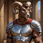 anthro armor athletic athletic_male belt bovid_horn brown_body brown_fur caprine_horn chest_armor fur horn inside male shoulder_pads solo yiffymix_(model) bezi_(director) bovid caprine mammal bust_portrait portrait