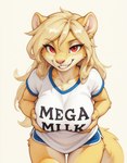 anthro blonde_hair breasts clothing dolphin_shorts female hair presenting presenting_breasts red_eyes shirt solo t-shirt topwear anonymous_director mila_minx mammal mink mustelid musteline true_musteline absurd_res hi_res