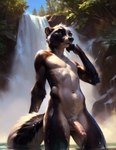 abs anthro balls bathing forest genitals humanoid_genitalia humanoid_penis longhorn_(director) low-angle_view male mammal mephitid nude outdoors outside penis plant skunk solo solo_focus tail tree tuft water waterfall