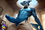 anthro athletic balls big_penis blue_balls blue_body blue_skin bowtie erection foreskin genitals glans huge_penis long_penis male muscular muscular_male pants_undone penis retracted_foreskin solo thick_penis rxmurloc fish marine shark hi_res