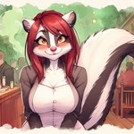 anthro blush clothed clothing director_sunshine female fluffy fluffy_tail fully_clothed fur hair looking_at_viewer mammal mephitid skunk smelly solo