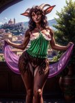 anthro bovid_horn breasts brown_body brown_fur caprine_horn city city_background clothed clothing female fur genitals goat_horn green_clothing horn looking_at_viewer nipples partially_clothed pink_nipples pussy small_breasts solo standing veil marcus64 faun hi_res