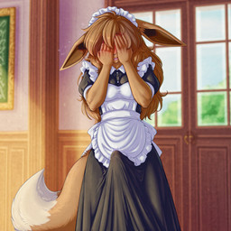 anthro blush breasts brown_hair clothing covering covering_face embarrassed erection_under_skirt fluffy fluffy_tail gynomorph hair intersex long_hair maid_apron maid_headdress maid_uniform small_breasts solo uniform erta_wanderer nintendo pokemon eevee eeveelution generation_1_pokemon pokemon_(species) hi_res