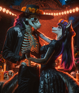 accessory anthro arm_around_waist bangs black_body black_bottomwear black_clothing black_dress black_fur black_hair black_headwear black_jacket black_pants black_shirt black_topwear blunt_bangs bodypaint bone bottomwear breasts candle candlelight claws clothed clothing dancing dress duo eye_contact eyeshadow face_paint fangs female floral_print flower from_side fur hair hair_accessory hair_flower hand_holding hand_on_another's_shoulder happy hat headgear headwear interlocked_fingers jacket lamp lantern light long_dress long_hair looking_at_another makeup male male/female mascara medium_breasts moon mouth_closed multicolored_body multicolored_fur multicolored_hair open_clothing open_jacket open_mouth open_topwear outside pants partially_clothed plant purple_hair realistic ribs sharp_teeth shirt short_sleeves skeleton skull sky smile standing tail teeth topwear two_tone_body two_tone_fur two_tone_hair yellow_flower mira_koks undead absurd_res hi_res portrait three-quarter_portrait