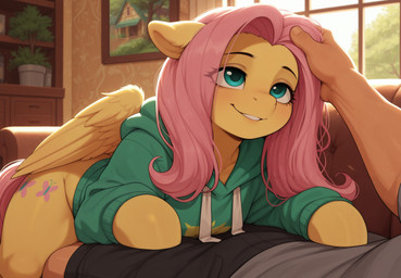 clothed clothed_feral clothing cutie_mark duo eyelashes feathers female feral fur hair hand_on_head hoodie hooves looking_at_another male male/female pale_skin picture_frame pink_hair smile teal_eyes topwear window wings yellow_body yellow_feathers yellow_fur raif_ai friendship_is_magic my_little_pony fluttershy_(mlp) equid equine horse human mammal pegasus pony hi_res