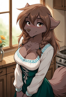 anthro appliance big_breasts blush braided_hair breasts brown_body brown_eyes brown_fur brown_hair cabinet cheek_tuft chest_tuft cleavage clothed clothing day dress facial_tuft female flower fur hair hands_together high-angle_view inside kitchen looking_at_viewer plant prompt smile solo stove three-quarter_view tuft vase window touchmesoftly twokinds natani canid canine canis mammal wolf 2025 hi_res portrait three-quarter_portrait