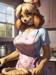 accessory anthro apron big_breasts blue_eyes breasts choker clothing female flower flower_in_hair hair hair_accessory inside jewelry kitchen looking_at_viewer necklace plant smile solo yellow_body nsfjerk isabelle_(animal_crossing) canid canine canis domestic_dog mammal shih_tzu toy_dog hi_res