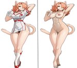 abs animal_ears anthro breasts cat_tail cleavage clothed clothing dress female fuga_melodies_of_steel gloves hand_behind_head handwear heterochromia large_breasts looking_at_viewer multiple_angles muscular muscular_female nipples nude one_eye_closed pose raised_arm raised_arms short_dress smile solo standing white_clothing white_gloves white_handwear yellow_eyes oswaldpohyl hanna_fondant cat_ears_(disambiguation) invalid_tag tail full-length_portrait hi_res portrait