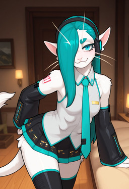 anthro bed breasts clothing fangs female furniture headphones lamp looking_at_viewer multi_breast solo standing teeth whiskers arafan vocaloid voices_of_the_void hatsune_miku ariral hi_res