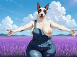 5_fingers anthro big_breasts black_body black_claws black_fur black_nose blue_eyes blurred_background body_hair breasts claws clothed clothing cloud curvy_figure denim denim_clothing denim_overalls eyebrows eyelashes female fingers flower flower_field fur fur_markings happy happy_trail hourglass_figure markings mature_female mountains multicolored_body multicolored_fur neck_tuft nipples off_shoulder one_breast_out open_mouth open_smile outside outstretched_arms overalls_only pawpads pink_nipples pink_pawpads pink_tongue plant prick_ears sky smile solo solo_focus teeth thick_thighs tongue tuft white_body white_fur wide_hips zaxxxer_(director) lavender bull_terrier canid canine canis domestic_dog hunting_dog mammal terrier absurd_res hi_res shaded soft_shading