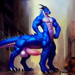 5_fingers abs agreenfish balls biceps big_balls big_muscles big_penis blue_body blue_scales city claws detailed_background digitigrade dragon dragon_taur erection fingers genitals group huge_balls huge_penis macro male male_taur muscular muscular_male muscular_taur pecs penis red_eyes scales scalie solo solo_focus taur white_body white_scales