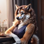 anthro blonde_hair blue_eyes brown_body brown_fur brown_hair canid canine claws clothed clothing countershading crypto_botany detailed_background female flower fur hair long_hair mammal pastry paws plant portrait realistic realistic_fur sitting smile solo whiskers white_body white_countershading