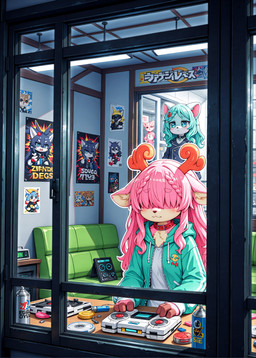 3_fingers anthro braided_hair building can clothing collar container detailed_background duo female female/female fingers fluffy fur green_body green_fur green_hair hair hair_over_eyes hoodie house jacket long_hair outline outside pink_body pink_fur pink_hair poster_(object) solo_focus three-quarter_view topwear upper_body zipper holo_(director) cervid felid feline mammal absurd_res detailed edit hi_res