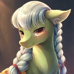 blush braided_hair braided_mane equid equine female feral fur granny_smith_(mlp) green_body green_fur hair horse inner_ear_fluff looking_at_viewer mammal my_little_pony pony prompt_metainfo smile solo tuft venisoncreampie white_hair yellow_eyes