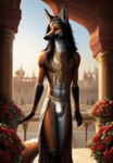 absurd_res anthro arabic canid canine clothing detailed_background femboy flower gold_(metal) gold_jewelry hair hi_res jewelry long_hair male mammal maned_wolf palace plant rose_(flower) solo underwear