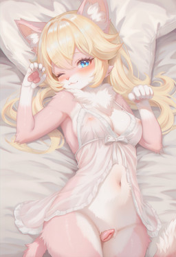 animal_genitalia animal_pussy anthro babydoll bed bed_sheet bedding blonde_hair blush breasts claws clothing eyelashes female fur furniture genitals hair inner_ear_fluff long_hair looking_at_viewer lying lying_on_bed multicolored_body multicolored_fur navel nightgown nipple_outline on_bed one_eye_closed pawpads pillow pink_body pink_fur pussy sleepwear smile smirk solo tail translucent translucent_clothing tuft two_tone_body two_tone_fur white_body white_fur wink winking_at_viewer mario_bros nintendo super_mario_bros princess_peach domestic_cat felid feline felis mammal hi_res