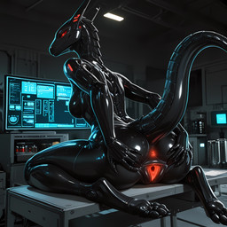 anthro anus butt computer dark_background female furniture futuristic genitals glowing glowing_eyes horn latex machine mechanical_hand mechanical_joints mythology presenting presenting_hindquarters pussy raised_tail red_eyes red_pussy solo spread_pussy spreading table upscale ibk dragon mythological_creature mythological_scalie robot scalie edit hi_res