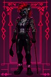 anthro blue_eyes cane clothing female grey_body hair muscular red_hair solo spots topwear vest icefoxai trrith_(character) hyaenid mammal digital_media_(artwork) pixel_(artwork) tagme