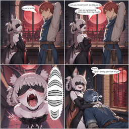 anthro armwear bald bangs blindfold blunt_bangs braided_hair bridal_gauntlets choker clothing dialogue dress duo fangs female fluffy fluffy_tail fur hair hair_loss inner_ear_fluff inside jewelry male male/female moon necklace night open_mouth sonic_boom tuft unconscious white_body white_fur wings cpt_d bat human mammal absurd_res comic hi_res