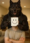anthro arms_crossed clothed clothing dark_body dark_fur drawing duo eyes_closed fangs front_view fur happy holding_object inside laughing living_room male obscured_face open_mouth paper photorealism photorealistic realistic realistic_fur scar sharp_teeth shirt size_difference smile tank_top teeth tongue topwear delken canid canine canis human mammal wolf hi_res