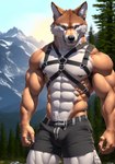 abs absurd_res anthro bottomwear bulge bumblebee95 canid canine canis clothing detailed detailed_background detailed_fur harness hi_res looking_at_viewer male mammal muscular pecs pubes realistic shorts solo wolf