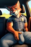 absurd_res anthro ascar big_bulge bulge canid canine car clothing fox fur hi_res looking_at_viewer male mammal muscular muscular_anthro nick_wilde orange_body orange_fur police_uniform smile solo spread_legs spreading uniform vehicle zootopia