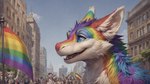 absurd_res ambiguous_gender anthro blue_eyes city city_background dragon ears_up facial_tuft fangs feral flag fluffy fur furred_dragon glistening glistening_eyes group happy hi_res inner_ear_fluff luna_(scalesai) multicolored_body multicolored_fur open_mouth parade rainbow_body rainbow_flag rainbow_fur rainbow_symbol scalesai skyscraper smile solo_focus tuft white_body white_fur wide_eyed widescreen wingless_dragon