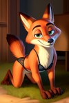 all_fours angry_puppy anthro bra canid canine clothing disney fox grass green_eyes lingerie looking_at_viewer male mammal nick_wilde panties plant raised_tail smile smiling_at_viewer solo underwear zootopia