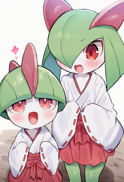 ambiguous_gender blush blush_lines clothing duo green_hair hair looking_at_viewer one_eye_obstructed open_mouth pink_eyes red_eyes sparkles tongue white_body kaigamiaikemono nintendo pokemon generation_3_pokemon humanoid kirlia pokemon_(species) ralts 2026 edit hi_res