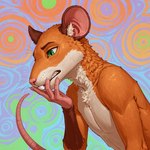 anthro brown_ears buckteeth close-up clothed clothing countershading fur green_eyes hand_on_face male orange_body orange_fur psychedelic slim solo teeth topless vbs mammal murid murine rat rodent hi_res