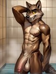 abs absurd_res anthro balls bathing bathroom bathtub belly big_penis black_eyebrows black_eyes black_nose bodily_fluids brown_body brown_fur canid canine canis confident crotch_tuft digital_media_(artwork) dripping easyfluffv11.2_(model) eyebrows fangs flaccid fluffy fluffy_tail foreskin front_view fur genital_fluids genitals glans glistening glistening_body grin hand_behind_head hi_res humanoid_genitalia humanoid_penis legs_in_water looking_at_viewer male mammal manly mr._wolf_(the_bad_guys) muscular navel nipples nude partially_submerged penis pinup pose precum precum_drip raised_arm retracted_foreskin scoutr seductive sharp_teeth smile solo standing steam tan_belly teeth tile tile_wall tuft wall_(structure) water watermark wolf yellow_sclera