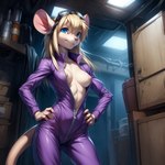 anthro basement blonde_hair blue_eyes breasts cleavage clothed clothing eyewear female fur goggles hair hand_on_hip inside jumpsuit long_hair medium_breasts nipples purple_clothing smile solo standing tan_body tan_fur unzipped neutron_alchemist gadget_hackwrench mammal mouse murid murine rodent