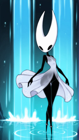 anthro black_body black_eyes breasts clothing dress female genitals horn non-mammal_breasts pussy slim_female small_breasts solo standing_in_water water waterfall white_body wide_hips marusame hollow_knight_(franchise) team_cherry hornet_(hollow_knight) animal_humanoid arthropod arthropod_humanoid humanoid hi_res