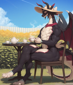 4_fingers 4_toes anthro beverage black_body blue_sky bow_ribbon butt chair claws clothing cloud container crossed_legs cup elegant eyes_closed featureless_chest feet female fence fingers flat_chested flower furniture hat hat_only headgear headgear_only headwear headwear_only holding_cup holding_object horn long_neck long_tail mostly_nude multicolored_body muscular muscular_anthro muscular_arms muscular_female muscular_legs muscular_thighs mythology nude on_chair outside plant red_body shadow side_view sitting sitting_on_chair sky slight_blush smile solo spikes spikes_(anatomy) steam sun_hat table tea tea_cup teapot thick_tail thick_thighs toe_claws toes white_body white_claws wing_spikes wings yellow_flower anonymous_director dragonmaid_sheou dragon dragonmaid_(yu-gi-oh!) duel_monster mythological_creature mythological_scalie scalie hi_res