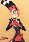 anthro balls blush bottomwear bottomwear_down clothed clothing erection gdr genitals horn laying lying male on_back pants pants_down partially_clothed penis red_balls red_body red_eyes red_penis shy solo tail yellow_sclera helluva_boss blitzo_(helluva_boss) imp hi_res